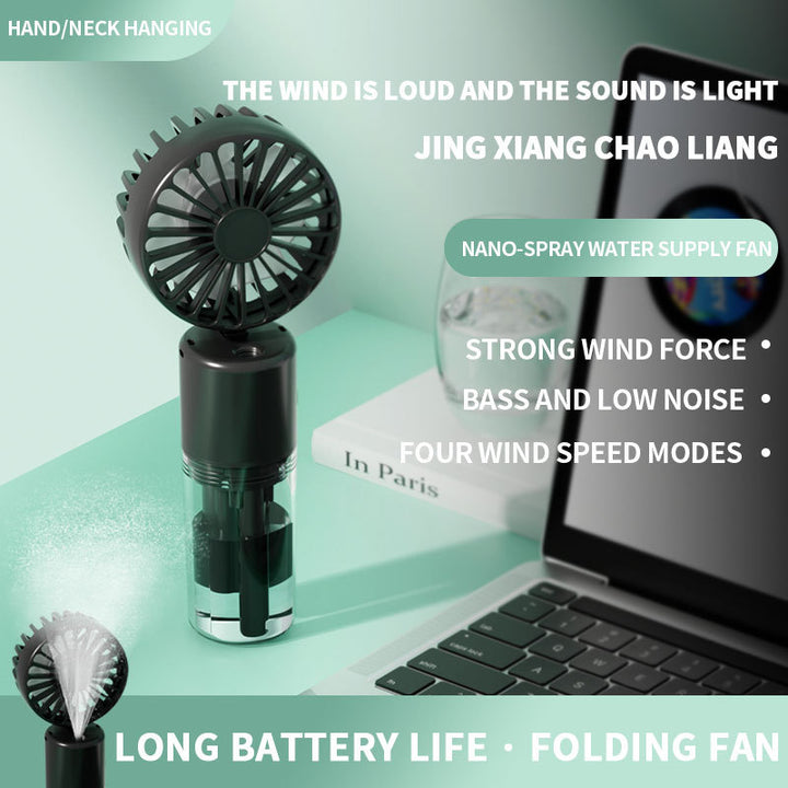 Cooling compact rechargeable folding misting handheld fan with transparent water reservoir detachable base and four speed brushless motor Stornfield