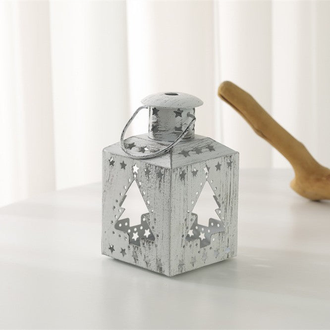Distressed Shabby-Chic Square Tea Light Lantern with Christmas Tree Cutouts Stornfield