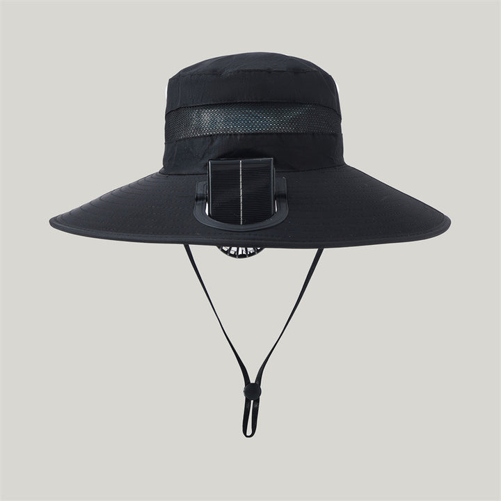 wide-brimmed outdoor sun hat with solar module, quiet mini fan, and adjustable chin strap Stornfield