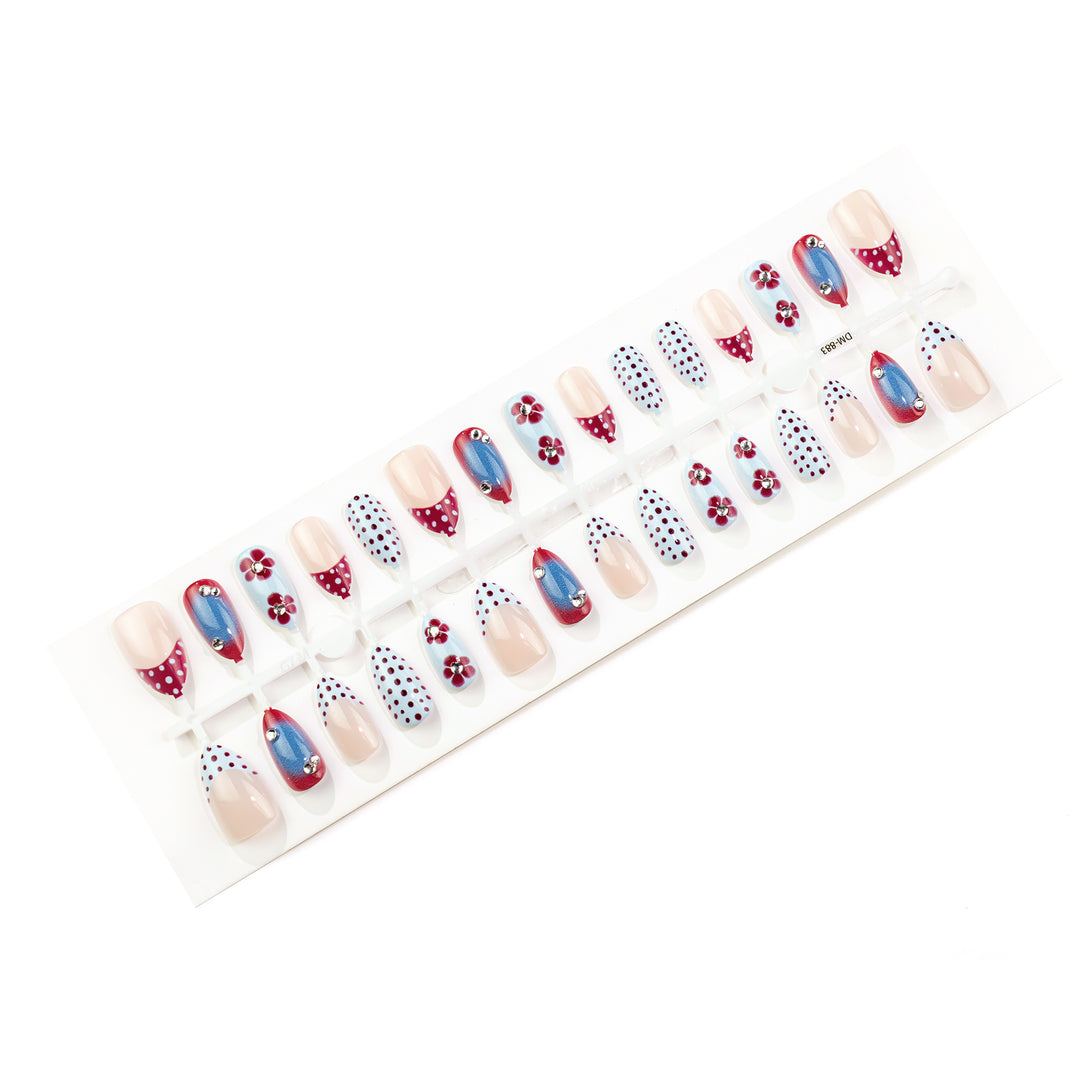 Elegant Press-On Nail Art Set with Floral and Polka Dot Design Stornfield