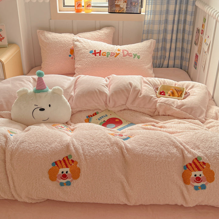 Plush Sherpa Reversible Comforter and Pillowcase Set with Kawaii Embroidered Motif