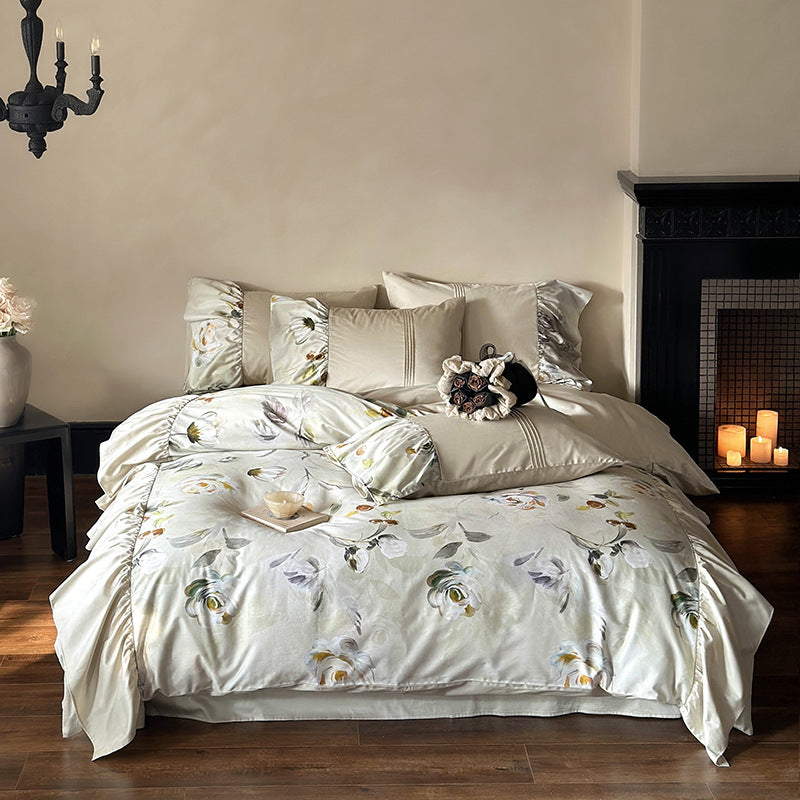 Bedding set made of silky cotton satin with floral watercolor illustration and ruffle