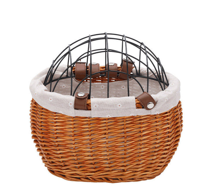 woven rattan pet carrier basket with detachable linen liner and foldable metal safety dome Stornfield