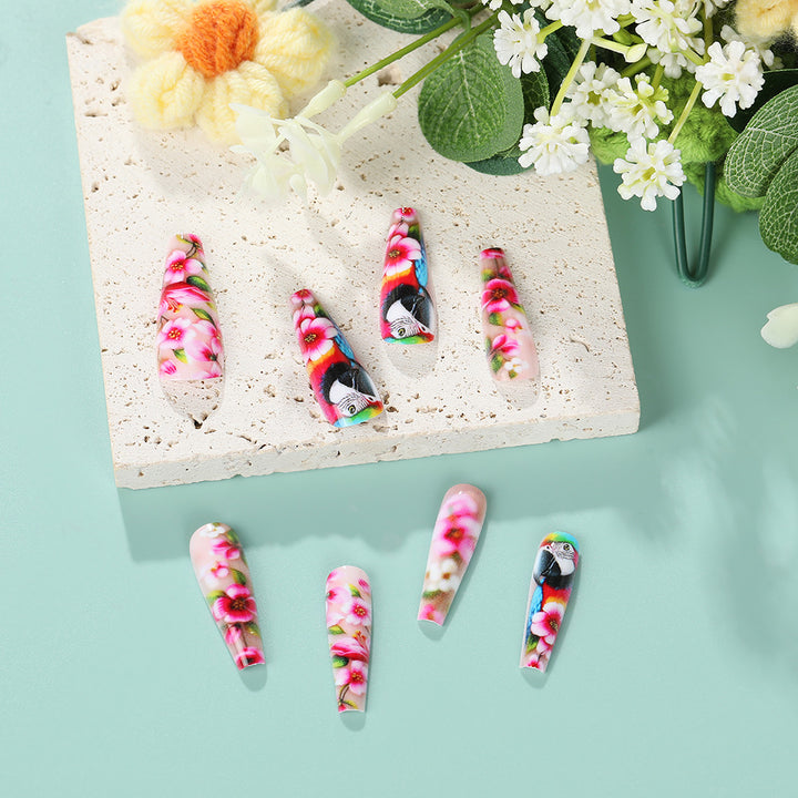 Exquisite Artificial Nails with Colorful Flower and Parrot Design Stornfield