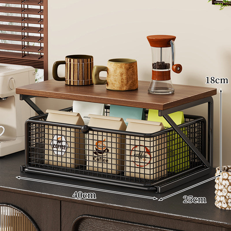 Countertop Coffee Station Organizer with Wooden Top and Metal Wire Basket