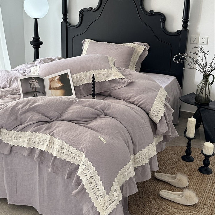 Ruffled Lace-Trim Cotton Duvet Cover Set with Decorative Pillow Shams and Bed Skirt