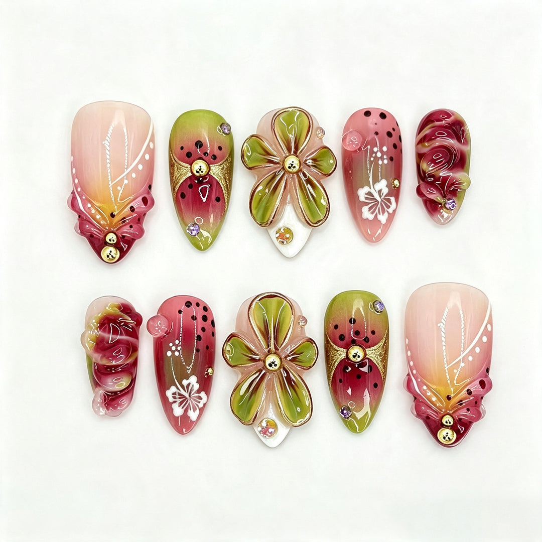 Decorative Floral Press-On Nail Art Set with Three-Dimensional Accents Stornfield