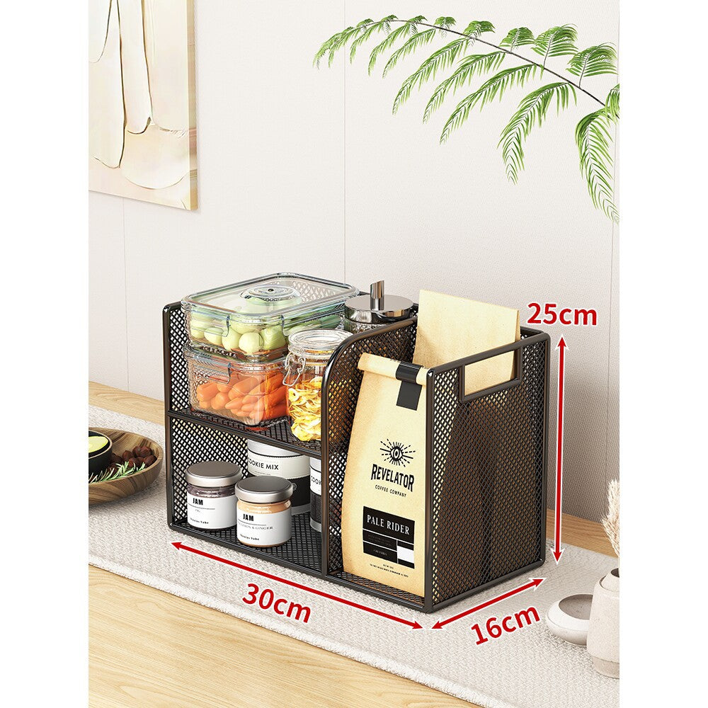 Metal Mesh Countertop Pantry Organizer with Multi-Tier Shelves and Vertical Bag Compartment