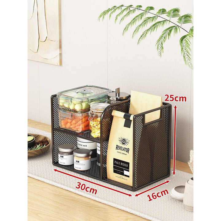 Metal Mesh Countertop Pantry Organizer with Multi-Tier Shelves and Vertical Bag Compartment