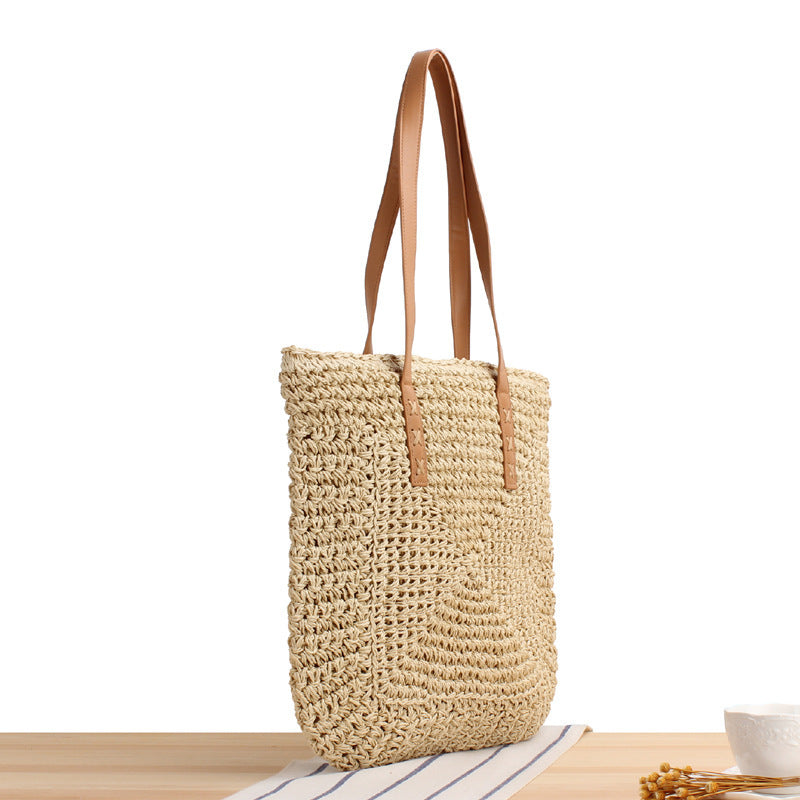 Natural bast shoulder bag with leather handles Stornfield