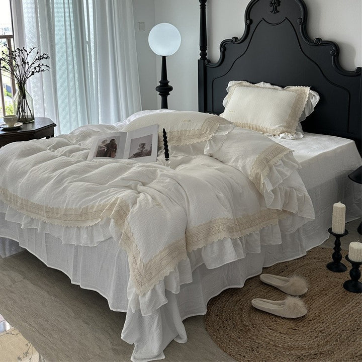 Ruffled Lace-Trim Cotton Duvet Cover Set with Decorative Pillow Shams and Bed Skirt