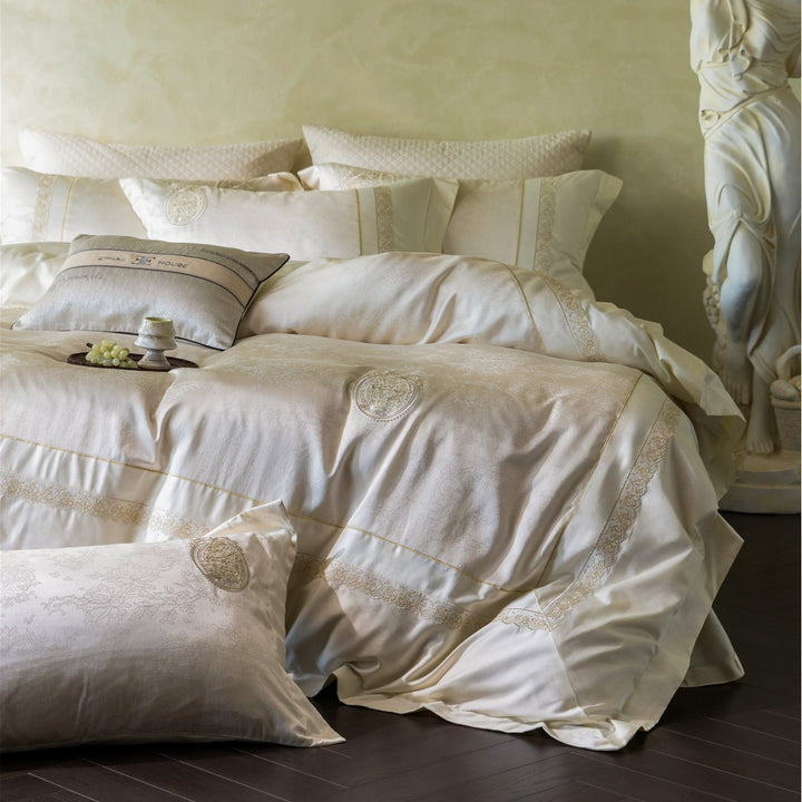 Luxury Embroidered Jacquard Sateen Duvet Cover Set with Lace Medallion Accents