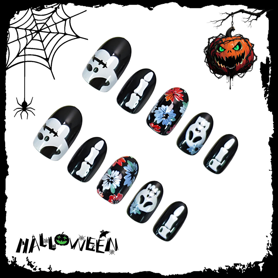Artificial nail set with spooky Halloween motifs and floral decorations Stornfield