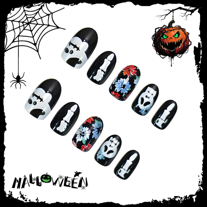 Artificial nail set with spooky Halloween motifs and floral decorations Stornfield
