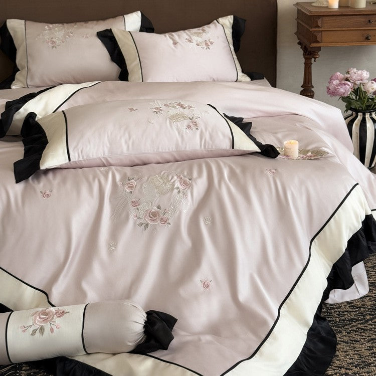 Embroidered Floral Ruffled Edge Duvet Cover and Pillow Sham Set