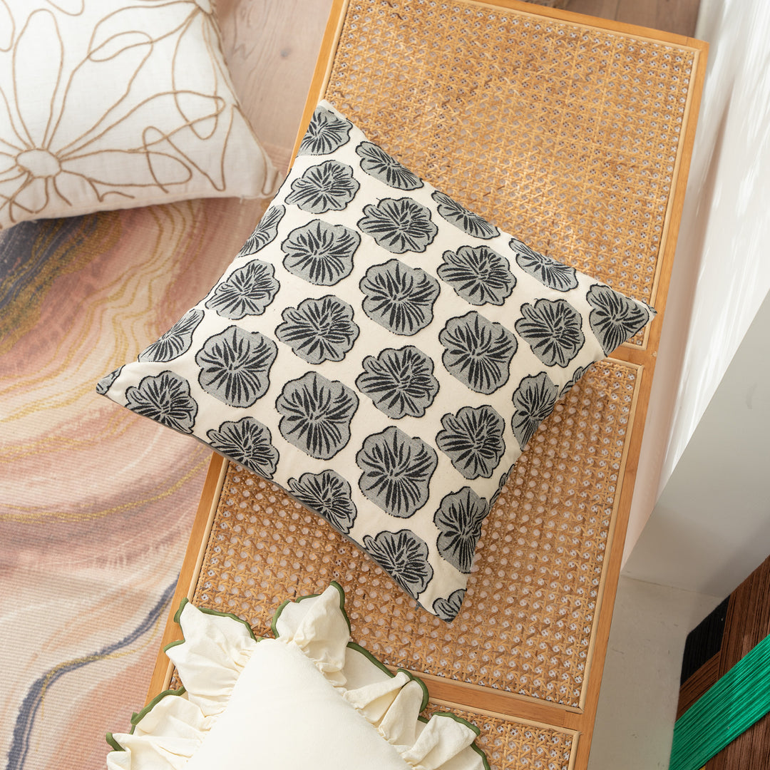 Decorative embroidered cushion cover made of cotton-linen with floral relief pattern Stornfield