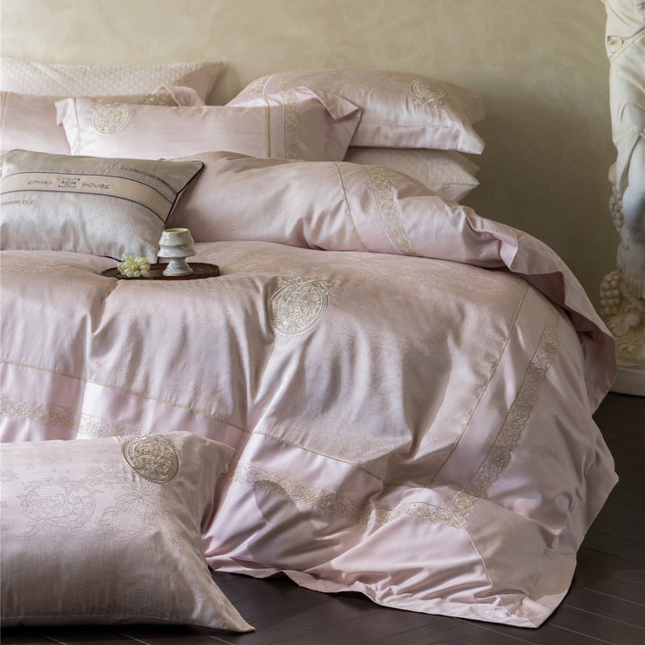 Luxury Embroidered Jacquard Sateen Duvet Cover Set with Lace Medallion Accents