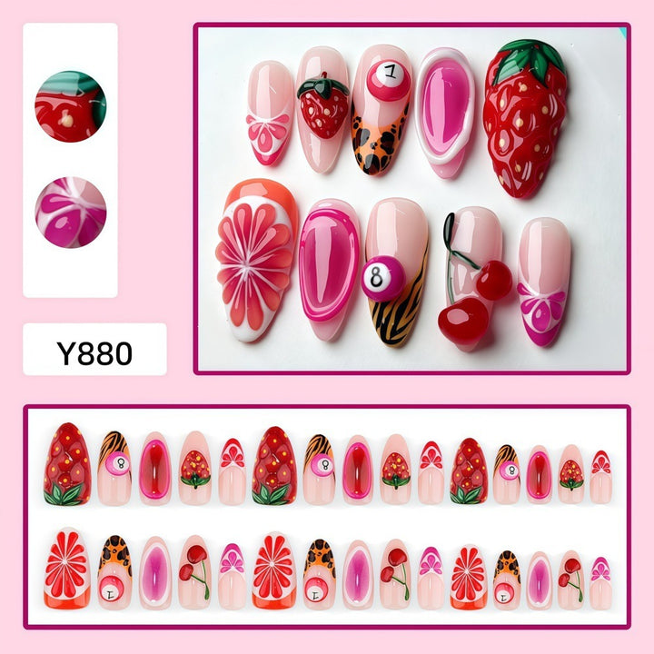 Artificial nails with fruity motifs andGloss finish Stornfield