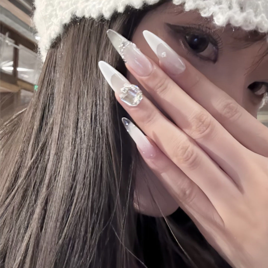 Premium French Tip Nail Extensions with Crystal Accents