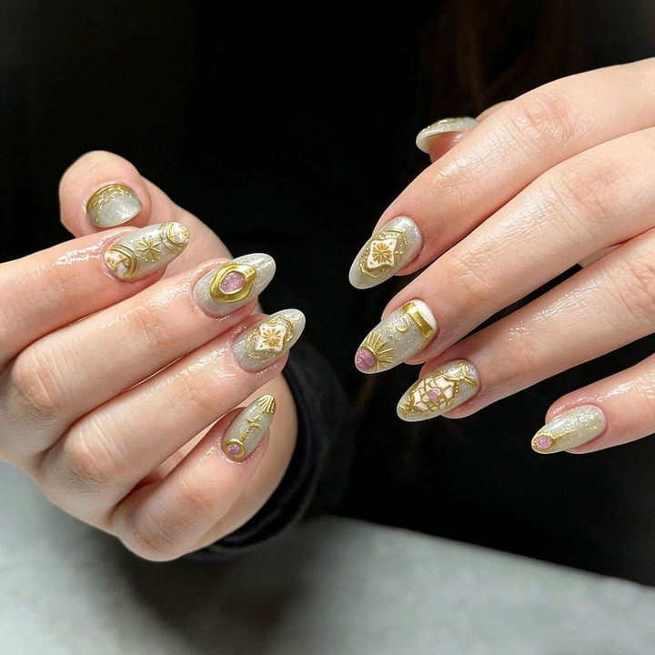 Artistic Press-On Nail Set with Geometric Designs