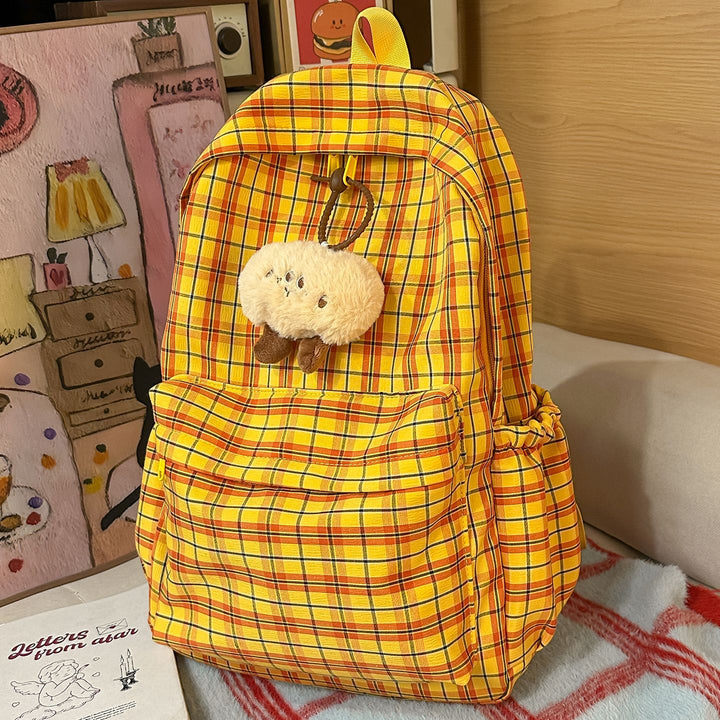 Backpack with Practical Check Pattern and Cute Plush Pendant Stornfield