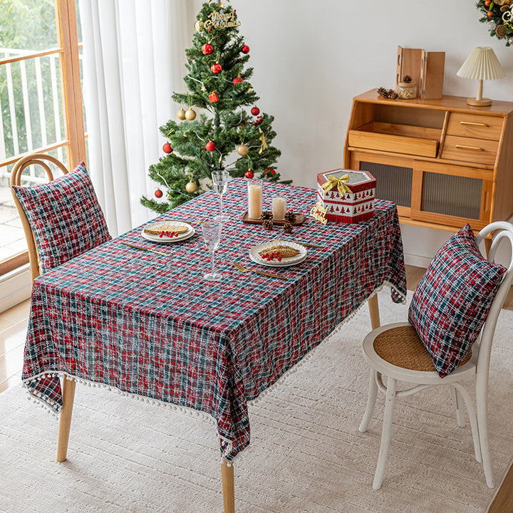 Festive Plaid Pom-Pom Trim Rectangular Tablecloth