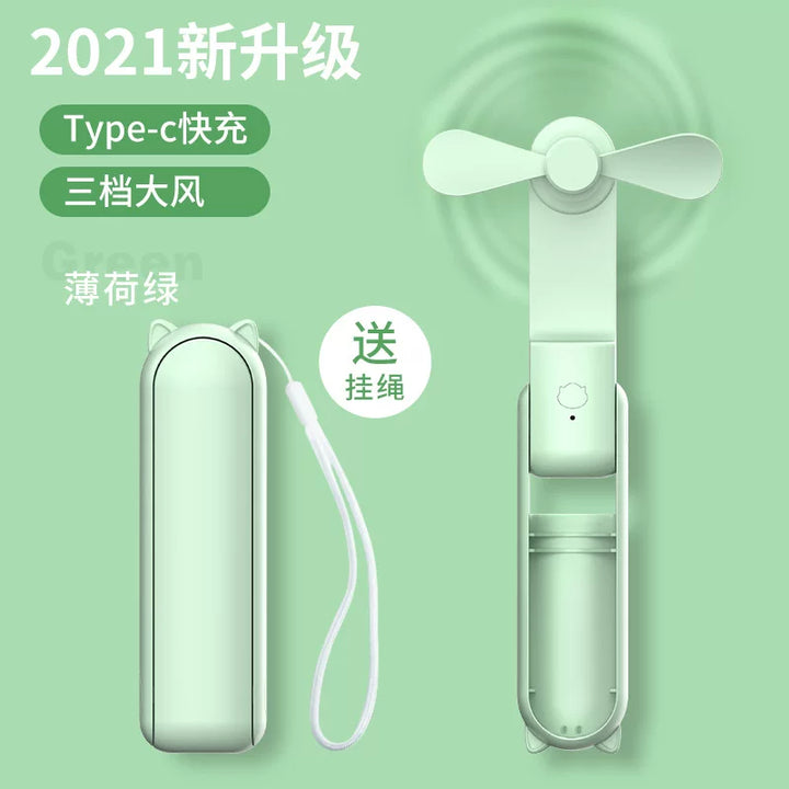 Unisex one size foldable rechargeable triple handheld mini fan with integrated power bank USB-C and USB-A connections as well as wrist strap Stornfield