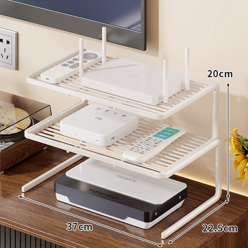 Two-Tier Ventilated Metal Electronics Organizer Shelf for Routers, Set-Top Boxes and Remotes