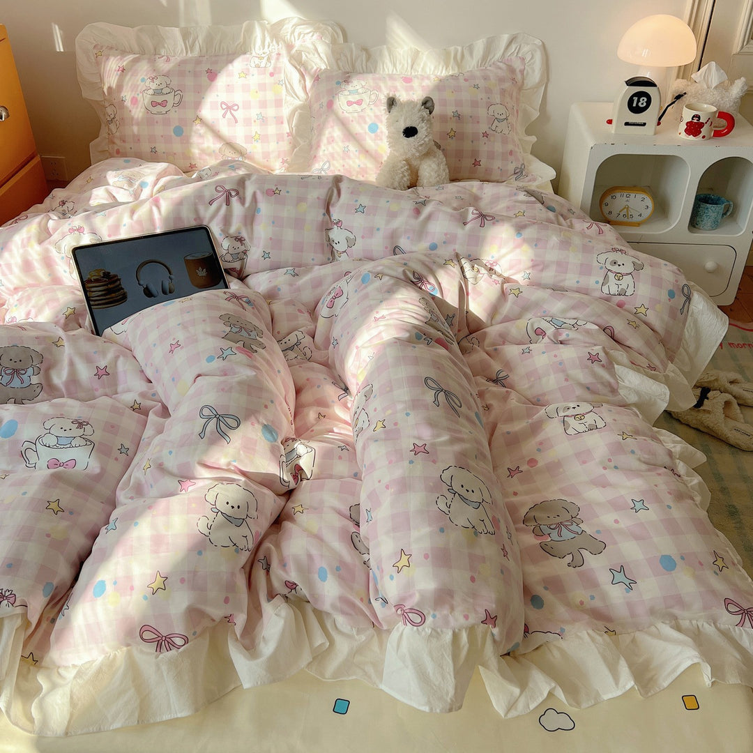 Cartoon Plaid Cotton Percale Duvet Cover Set with Ruffled Sham and Reversible Back