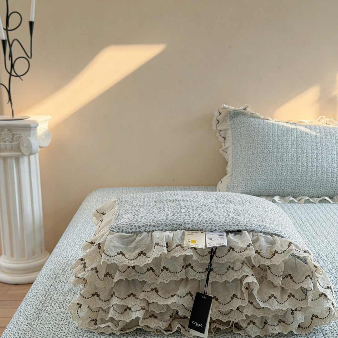 Quilted Cotton Duvet Cover Set with Ruffled Lace-Trim Pillow Shams