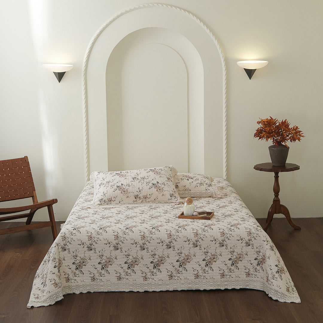 Hand-Quilted Vintage Floral Cotton Bedspread & Crochet-Edged Pillow Sham Set