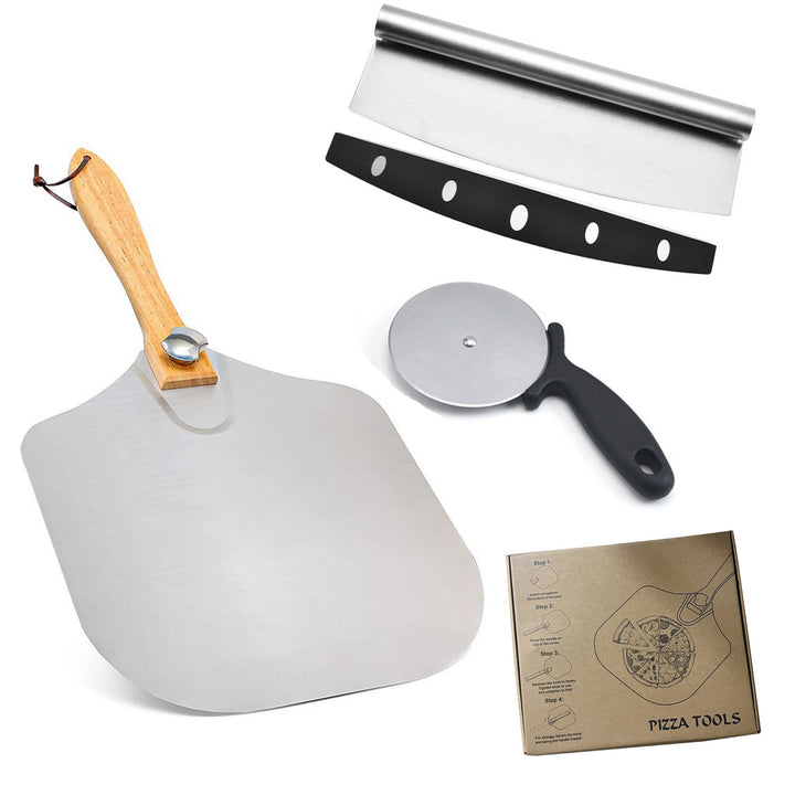 professional pizza peel set with foldable stainless steel shovel ergonomic wooden handle pizza cutter rocker and bench scraper Stornfield