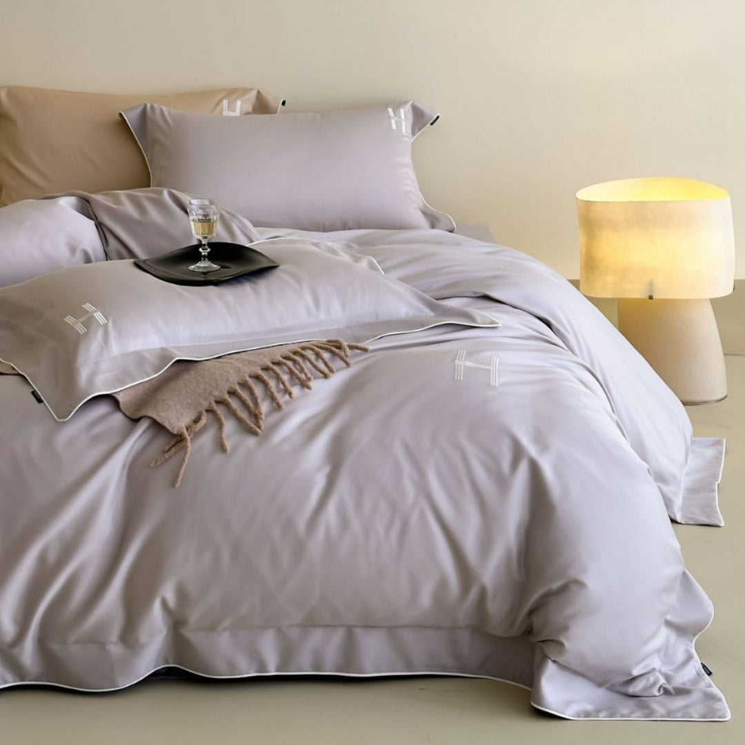 Luxury satin bedding set with subtle piping