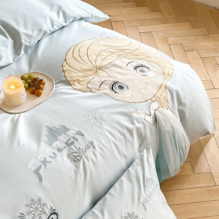 Children's Cartoon Embroidered Princess Duvet Cover Set with Tulle Accent and Pillow Shams
