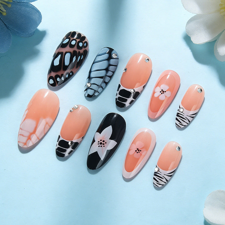 Artistic Press-On Nail Set with Floral and Textured Design Stornfield