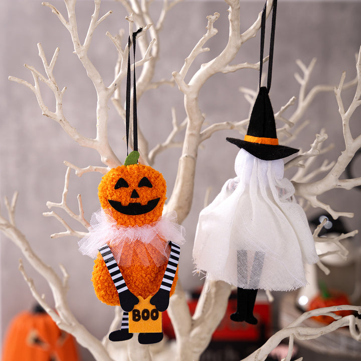 Halloween Hanging Decoration Plush Pumpkin with Tulle Collar and Ribbon Hanger