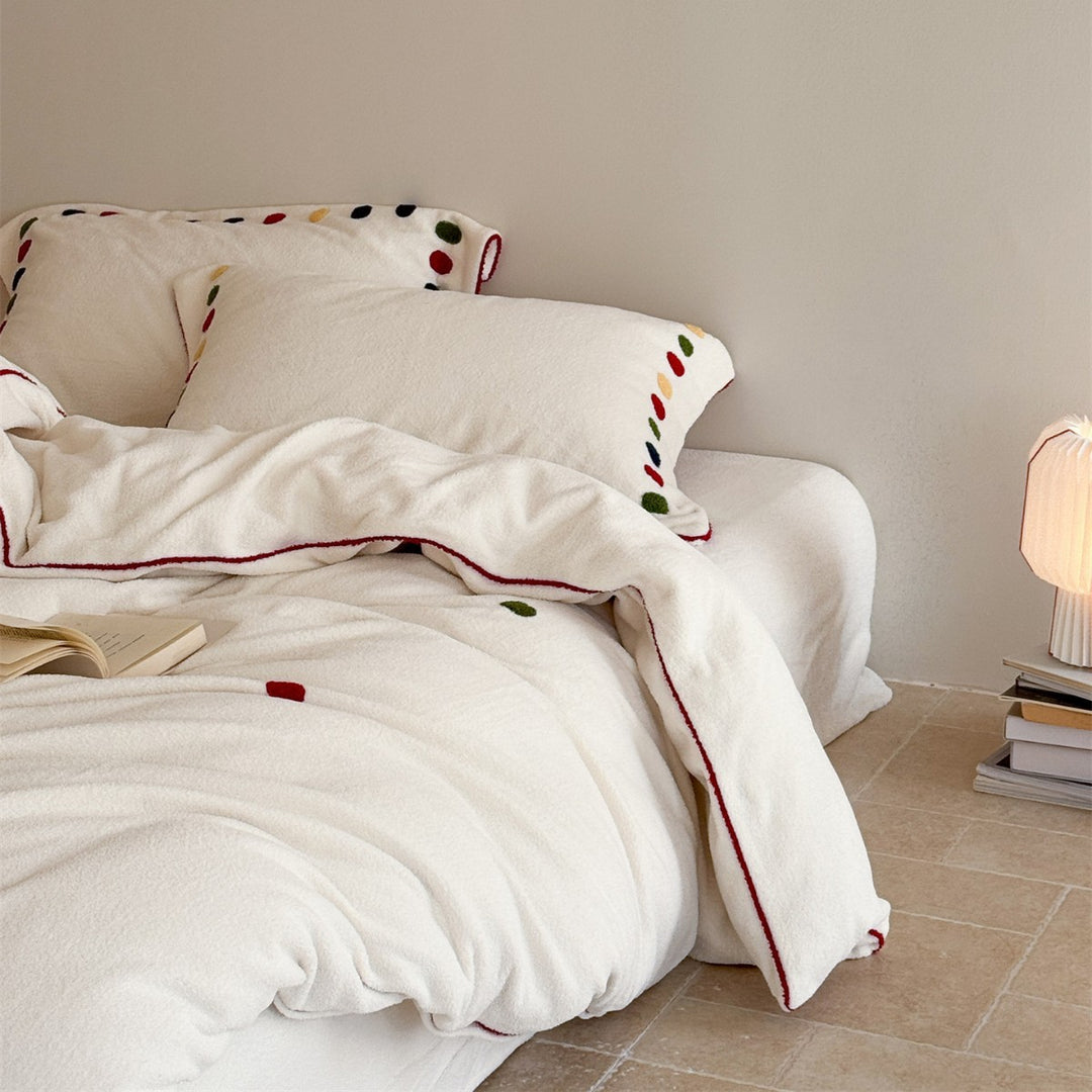 Plush Textured Duvet Cover Set with Contrast Piping and Embroidered Dot Accents