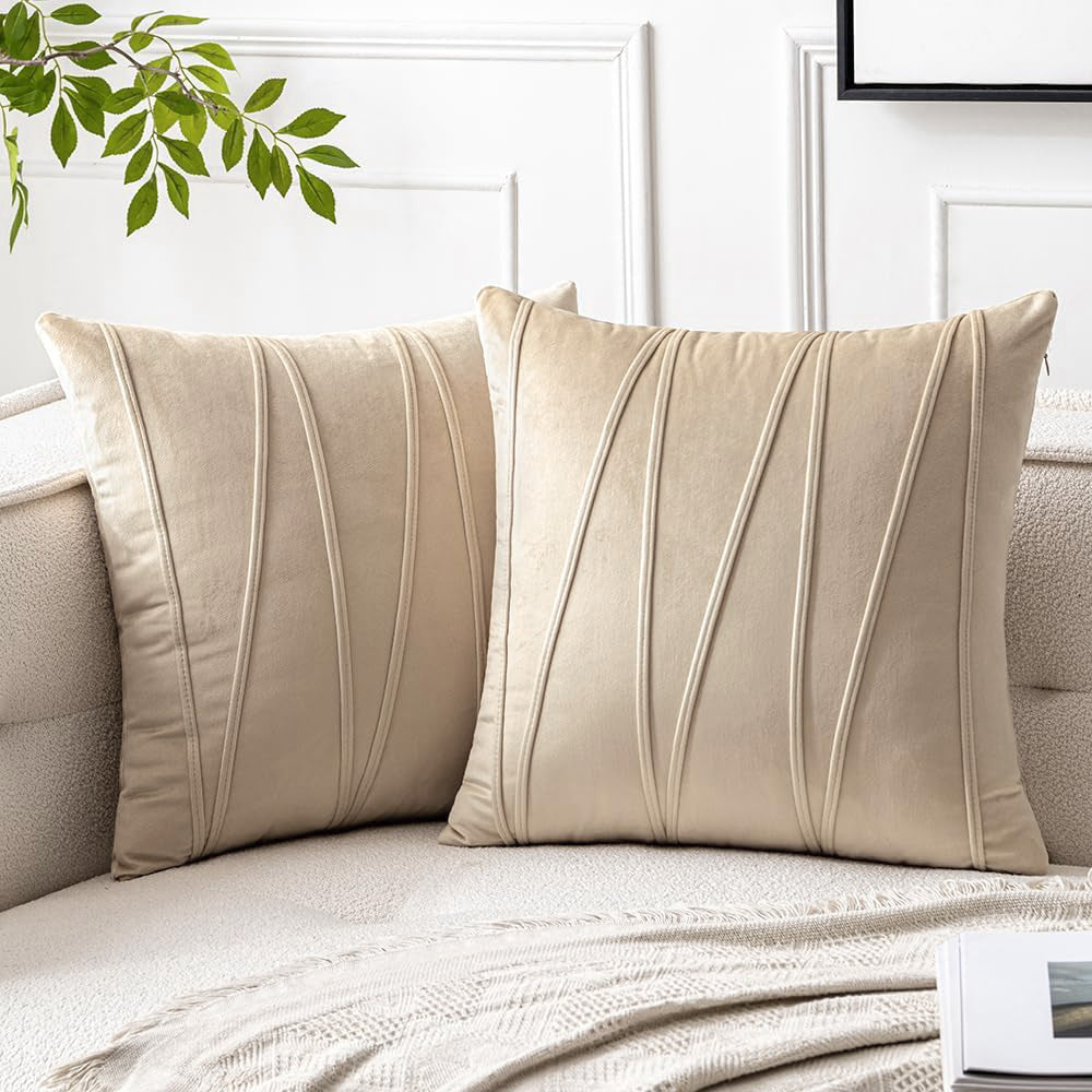 Velvet Pleated Square Decorative Throw Pillow Covers with Channel Stitching