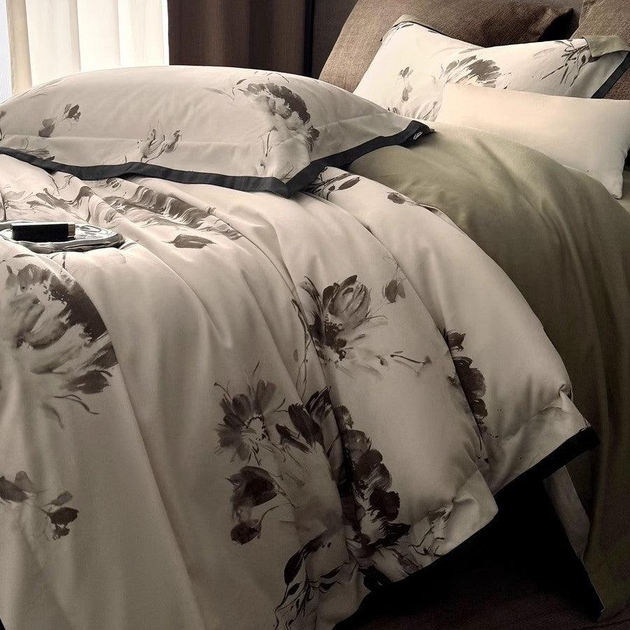 Floral Print Cotton Sateen Duvet Cover Set with Reversible Back and Piped Edging