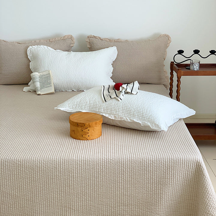 Waffle-Texture Ruffled-Hem Bedspread and Quilted Pillow Sham Set