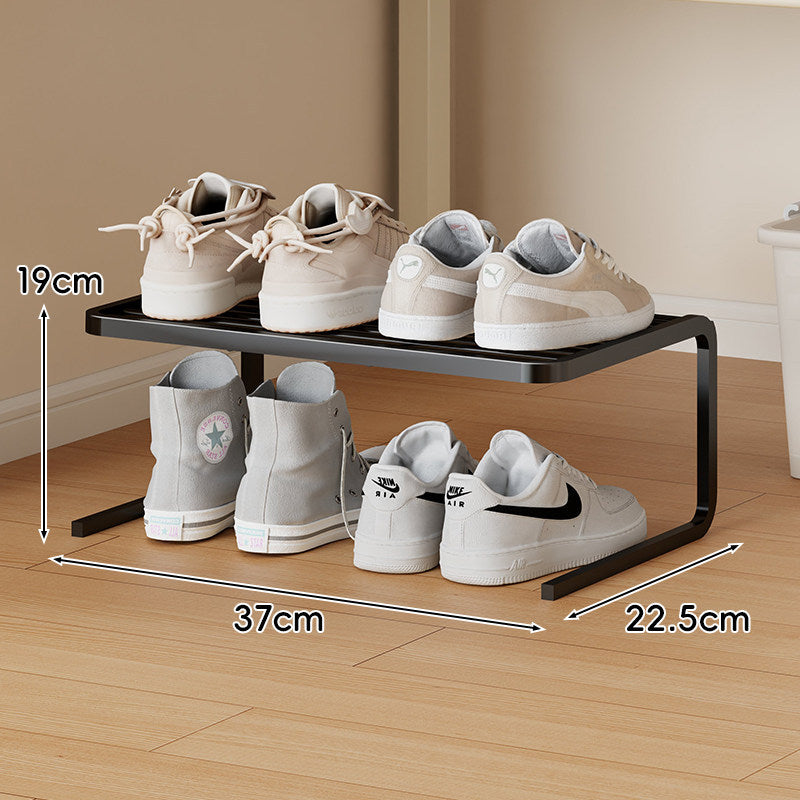 Compact Low-Profile Two-Level Metal Shoe Organizer Rack