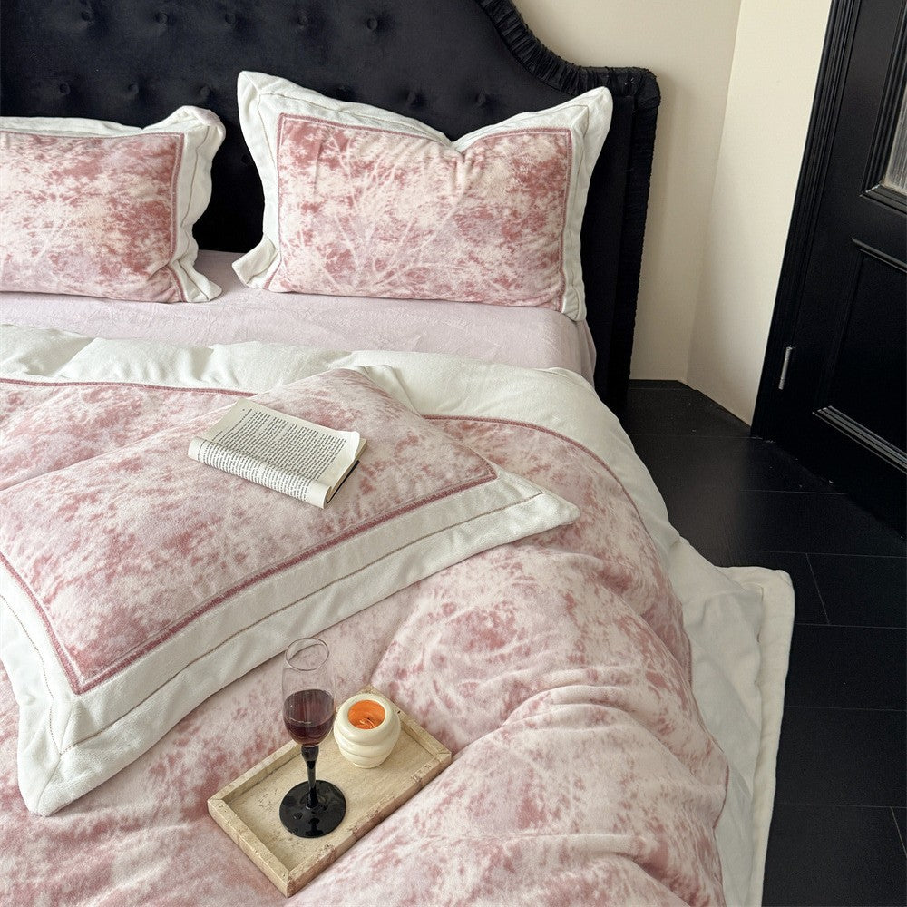 Luxurious velvet bedding set with floral texture and quilted edge