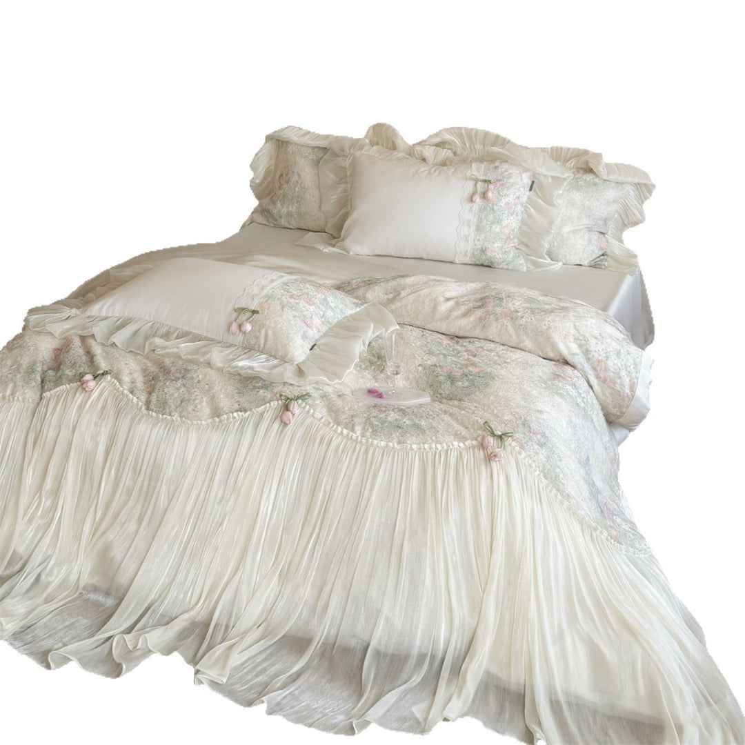 Luxurious Plush Floral Embroidered Ruffled Bedspread and Pillowcase Set