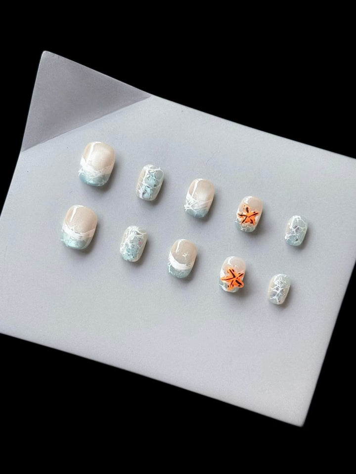 Elegant Press-On Nail Art Set with Ocean-Inspired Design