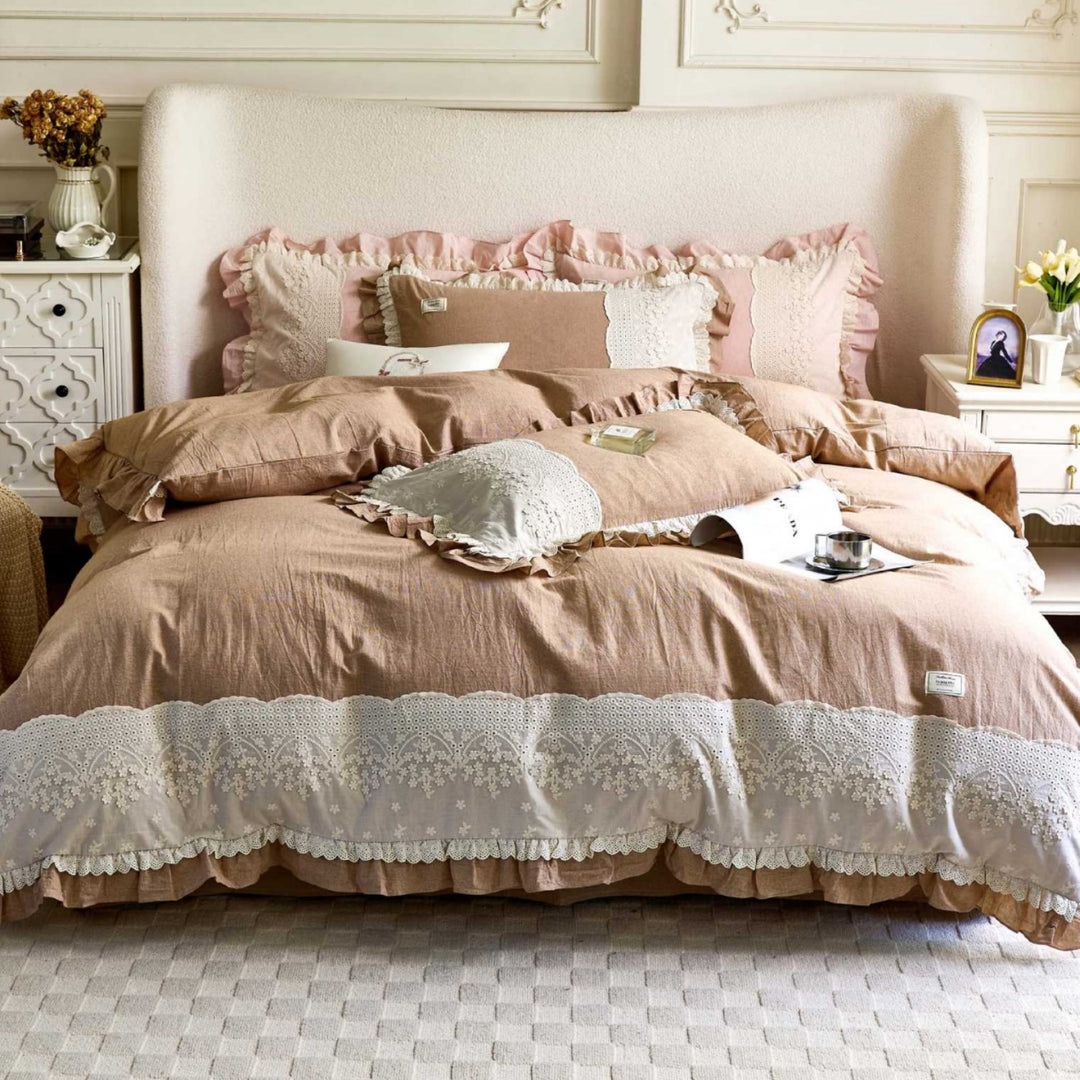 Vintage-Inspired Ruffled Eyelet Lace Cotton-Linen Duvet Cover Set