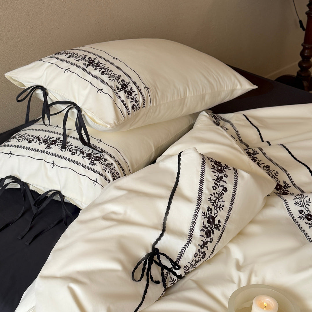 Luxury Embroidered Cotton Duvet Cover Set with Bolster and Tie Pillowcases