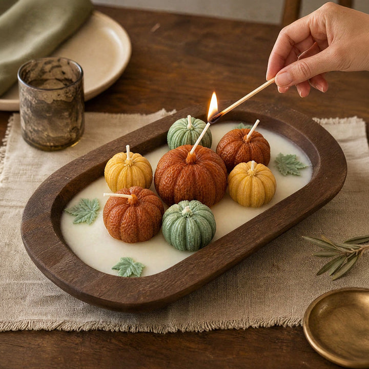 Hand-Poured Mini Pumpkin Sculptural Soy Candle Centerpiece with Wooden Tray