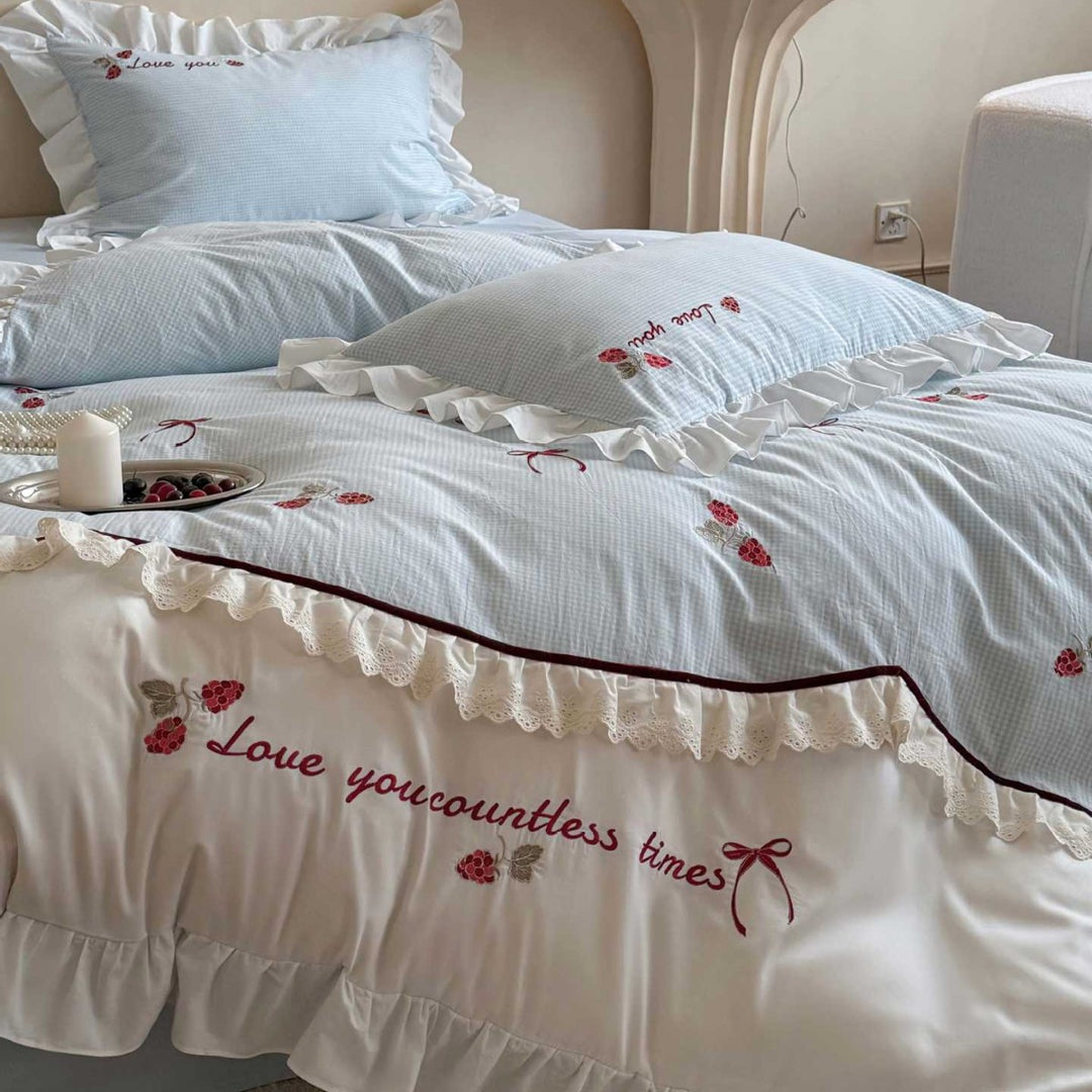 Ruffled Embroidered Cotton Duvet Cover Set with Romantic Rose Motif & Lace-Trim Pillow Shams