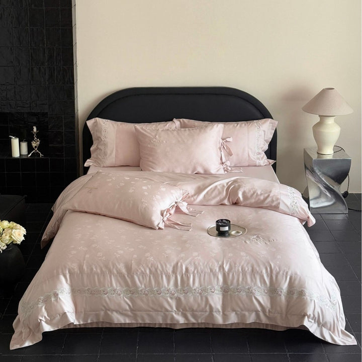 Elegant Satin-Feel Embroidered Duvet Cover Set with Bow-Tie Shams