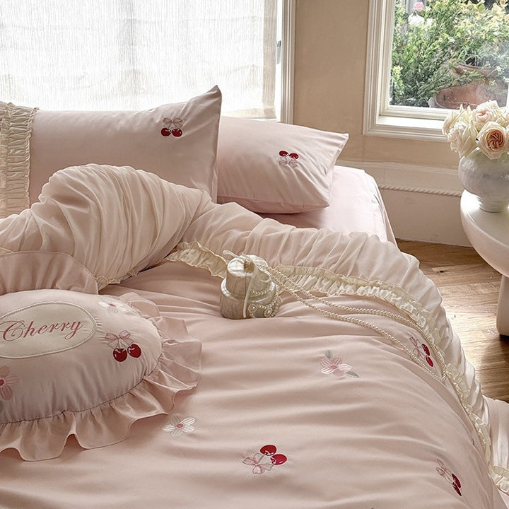 Luxurious satin bedding set with gathered ruffle, cherry embroidery and decorative pillow
